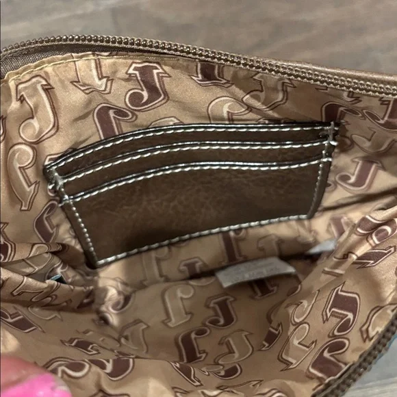 Justin Convertible Shoulder/wristlet bag,zip top,3 card slot,tooled aqua floral - Picture 4 of 5